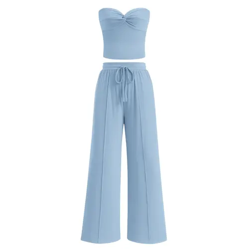 BTFBM Two-Piece Sets For Women Summer Ribbed Strapless Twist Knot Tube Top Pants Set Casual 2026 Beach Vacation Outfits