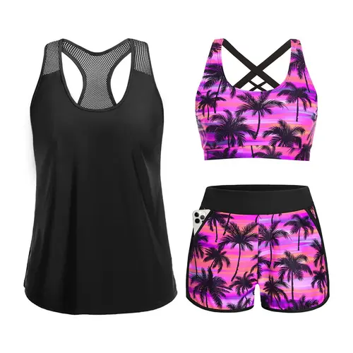 Tempt Me Women's Three Piece Tankini Swimsuit - Mesh Racerback Tank Top with Sports Bra & Pocketed Boyshorts Athletic Bathing Suits