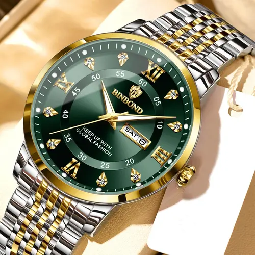 BINBOND B868 Fashion Business Watch Calendar Waterproof Diamond Roman Scale Dial Quartz Watches for Men, Quartz Analog Wristwatch, Fashion Watch for Party, Daily Clothing Decor, Watch for Birthday Gift, with Box, Diamond Wrist Watch