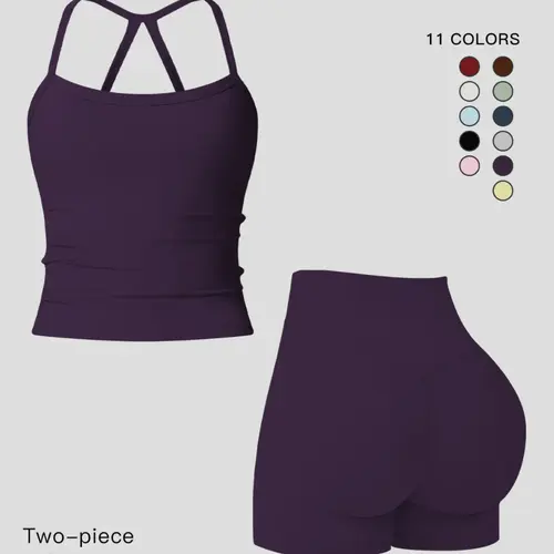 Women's Sporty Quick-Dry Two-piece Set, Solid Backless Cami Top & High Waist Tummy Control Butt-Lifting Shorts Set, Sleeveless Spaghetti Strap Crop Top & Skinny Shorts, Ladies Sportswear, Stretchy Activewear for Indoor Outdoor Wear, Yoga Gym Running Wear