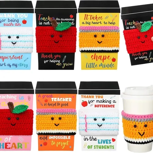 6/12 Pcs Back to School Teacher Gifts Crochet Coffee Cup Sleeves Back to School Teacher Gifts Handmade Coffee Cup Cozies Reusable Drinkware Covers Cute Teacher Gifts for Classroom Office Thanksgiving Appreciation Gifts