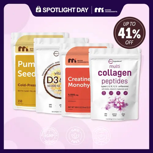 Micro Ingredients Hair & Muscle Nourish Bundle: Multi Collagen Peptides Powder 1LB, Creatine Powder 1.1LB, Vitamin D3K2 10,000IU 180 Softgels & Pumpkin Seed Oil 150 Softgels