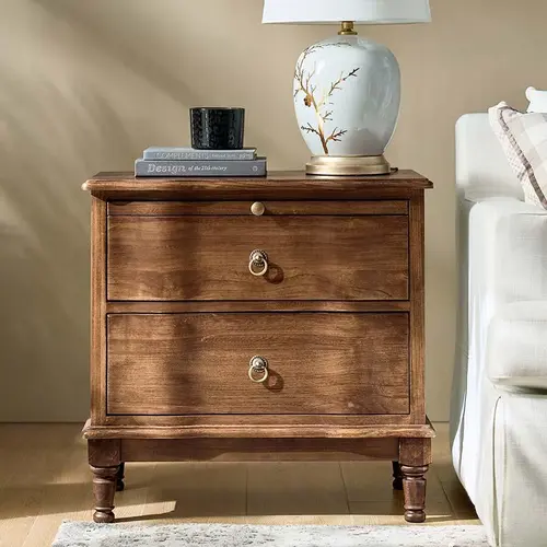 【Fall Pick】HULALA HOME Solid Wood End Table with Drawers and Charging Station, 2 Drawer Nightstand with Pull-Out Shelf, HULALA HOME Wooden Side Table with USB Ports for Living Room Bedroom Sofa Accent Table