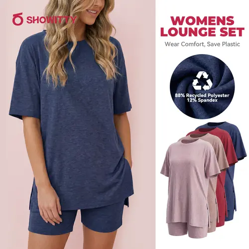 SHOWITTY Womens Lounge Set – Short Sleeve Crew Neck Top and Shorts Set, 88% Recycled Polyester Pajama Outfit with Side Pockets, Soft Stretch 2 Piece Outfit #tiktokshopsummersale