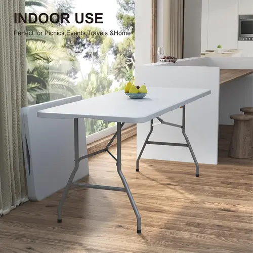 6ft Wide Folding Rectangle Garden Table - White Commercial Heavy-Duty Home Supply with Curved Alloy Steel Legs, Built-In Carrying Handle, Fold-Half Storage for Indoor/Outdoor Wedding Parties, Dining Events, Folding Table, Easy Carry