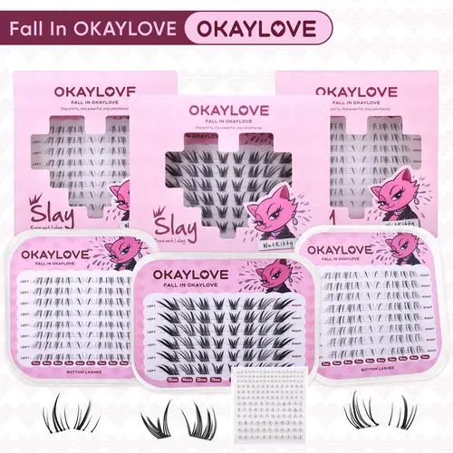 OKAYLOVE Synthetic Fiber Natural Lash Clusters, Makeup Cat Eye Style with CD-C Curl, Upper & Lower Self-Adhesive Pre-Made Glue Invisible Lashes, #Sohoc Chic