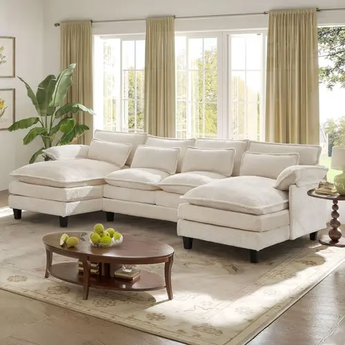 【3 Packages】110" U Shaped Couch,Modular Sectional Sofa with 4 Waist Pillows,Sleeper Deep Seat Couch with Double Chaise Lounge & Memory Foam for Living Room