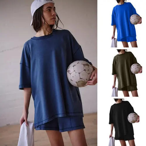 SCUSTY Women's Loose Casual Cotton Two-Piece Set Long Round Neck Top with Side Slit High-Waisted Dropped-Crotch Shorts with Side Pockets Vintage Washed Finish