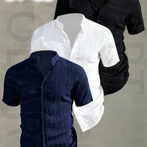 3pcs Set Men's Summer Short Sleeve Collared Shirts - Lightweight Breathable Plain Color Button-Up Casual Shirt with Stand Collar, Low-cut collar designr Beach Vacation, Pool Party & Casual Attire, Beach Shirt, gift for husband