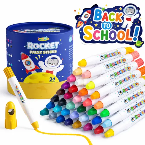 JUPITEARTH Jumbo 36 Colors Rocket Tempera Paint Sticks Gouache Set - Non-Toxic, Washable, Mess-Free, Twistable, Silky Smooth Kids Art Supplies with Storage Bucket (Ages 4-12) | Back to School, Drawing, Classroom Prizes, Cool Gifts for Kids, Craft Ideas