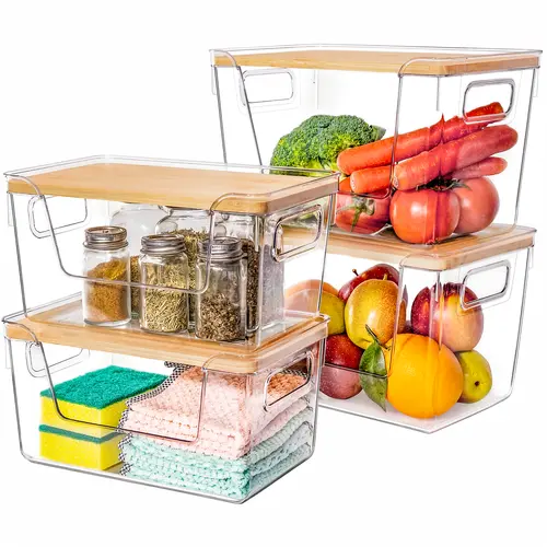 Criusia High-Quality Plastic Kitchen Food Storage Container with Wooden Lid - Transparent Fridge Organizer, Home Organization Solution, Condiment Container for Pantry