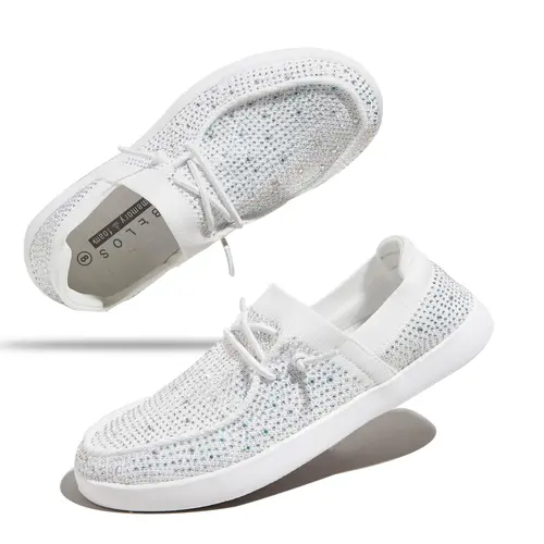 LUCKY STEP Women's Rhinestone Lace-Up Loafers - Casual Slip-On Mesh Knit Walking Flat Shoes, Lightweight Sparkly Glitter Sneakers, Round Toe All-Season Outdoor Shoes for Women, Sneakers For Women, Women's Sneakers,sohochic