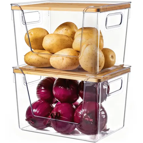 Criusia Reusable Stackable Plastic Food Storage Containers with Lids - Transparent Cube Kitchen Canisters, Home Organization Storage Organizer for Fruits, Vegetables