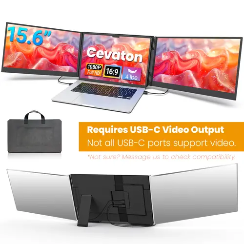 Cevaton 15.6" Aluminum Shell Laptop Monitor Extender, 1920x1080p FHD IPS Triple Screens for 13"-17.3" Laptops, Freestanding, Horizontal/Vertical Display, USB-C/HDMI, 4 lbs, Dual Video Output Required, #TikTokBackToSchool