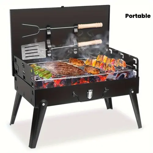 Portable Cast Iron Tabletop Barbecue Charcoal Grill, 6-Piece All-in-1 Grilling Set with Tools - Moisture-Proof for Campfire/BBQ Party Outdoor Cooking