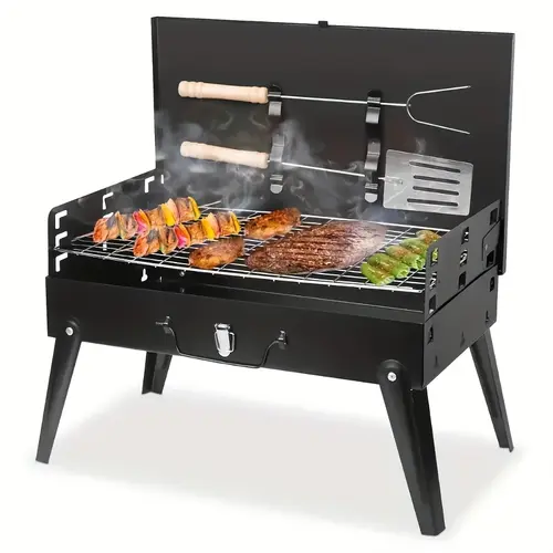 Portable Charcoal Barbecue Grill with Dust-Proof Moisture-Proof Lid, Sturdy Folding Design, Food-Grade Cast Iron Grill Grate, Lightweight for Camping & Backyard Use, Includes Tongs & Hooks Set