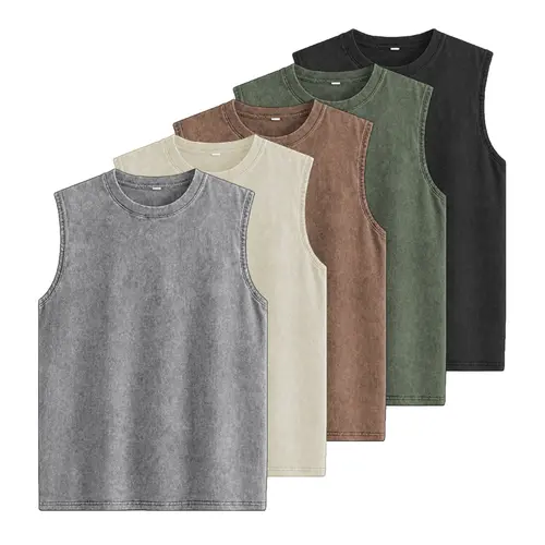 Men’s Chic Plain Solid Color Vest - Retro Washed Round Neck Sleeveless Gym Tops, Breathable Cotton Street Athletic Vest for Summer Workouts, Outdoor Activities, Vests