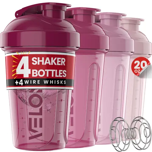 VELOMIX Unisex 4-Pack 20oz BPA-Free Leak-Proof Protein Shaker Bottles with Steel Whisk Ball - Gym Accessories for Workout Shakes & Active Lifestyles (Multiple Colors), Fits Cups