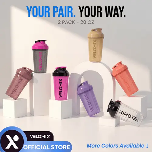 VELOMIX Unisex 2-Pack 20oz Standard Size Protein Shaker Bottles - BPA-Free, Spillfree Carry, Dishwasher Safe Polypropylene Gym Water Bottles with Wire Whisk Ball (Multiple Colors)