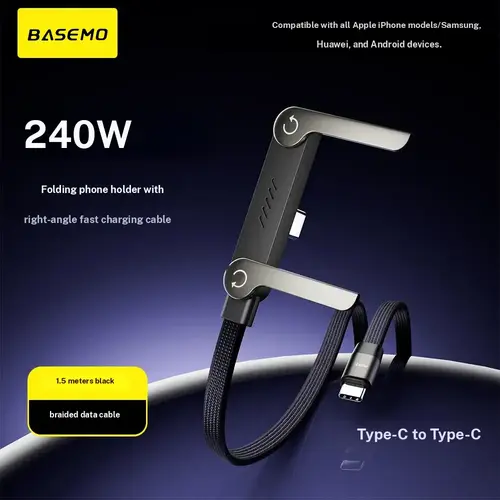 Basemo 240W Fast Charger Cable with Built-in Folding Phone Stand - Dual Connector Options, Game-Ready Electronic Accessory for iPhone 15-18 & Android Devices