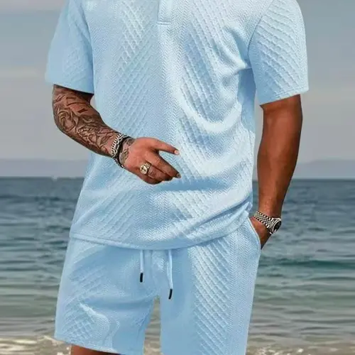 Men's Summer Tropical 2-Piece Matching Set - Textured Solid Color Sleeved Shirt, Casual Sporty Shorts, Loose Fit, Breathable, Elastane Fabric, Basics Menswear, Holiday Essential, Matched Set Ease for Casual Sports
