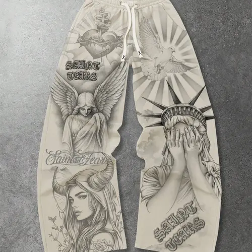 Street Life Unisex Casual Wide-Leg Religious Style Pants, Apricot Loose Drawstring Casual Fashion Sweatpants, Angel Sacred Heart Saint Print Sports Pants for Autumn and Winter, Athleisure Style Bottoms