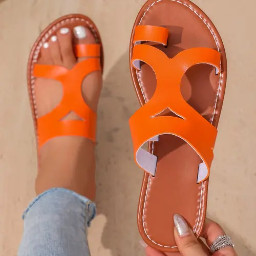 Women's Fashion Beach Sandals, Casual Outdoor Flat Slip-Ons, Summer Shoes, Flats Sandals, Solid Color Versatile Rubber Sole PU Leather Sandals, Open Toe Sandals