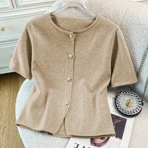 Women's Slim Fit Short Sleeve Round Neck Knit Button Cardigan Knitwear, Plain Pattern Casual Minimalist Basic Style, All-Season Wear, Elegant Fashionable Design, Tops Fitted Knitwear Sweater