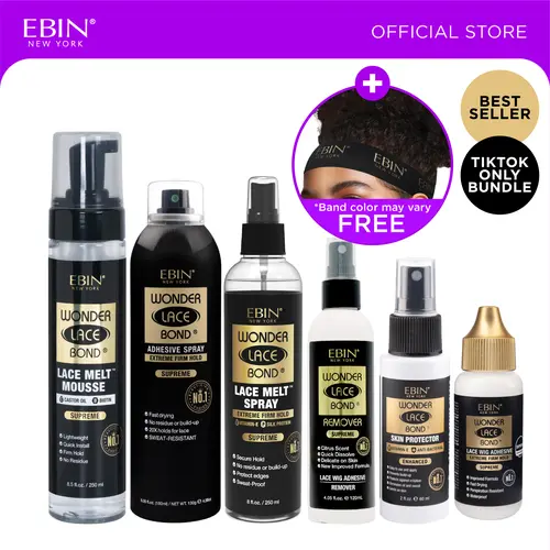 EBIN Wonder Lace Bond Ultimate Wig Install Kit | Adhesive Spray + Lace Melt Spray + Lace Melt Mousse + Adhesive glue + Skin Protector + Remover Bundle With FREE melting band All-in-one, Holding, Beginner-friendly, Easy Application, No Residue