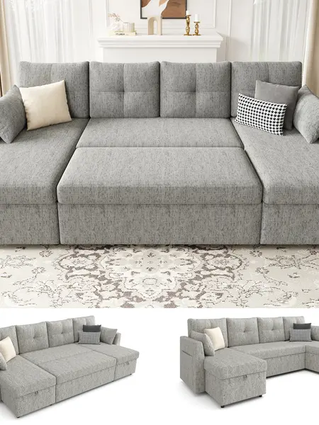 【2-3 Packages】 Oversized Sleeper Sofa Couch, 106 inch 2 in 1 Pullout Couch Bed with Double Storage Chaise, Sectional Sleeper Sofa Bed with Side Pocket for Living Room