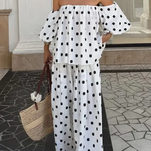 Women's Casual Polka Dot Loose Fit Oversized Crop Top & Wide Leg Pants Set, Casual Summer Set, Natural Waist Short Sleeve Two-Piece for Everyday Wear, Casual Fashion Set, Womenswear Clothes