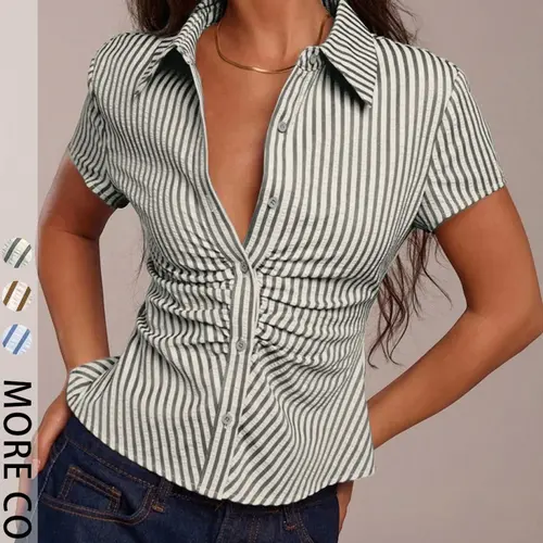 Women's Striped Ruched Button-Down Blouse, Short Sleeve Fitted Collared Top, Casual Chic Shirt for Daily and Party Outfits, Buttoned Collared