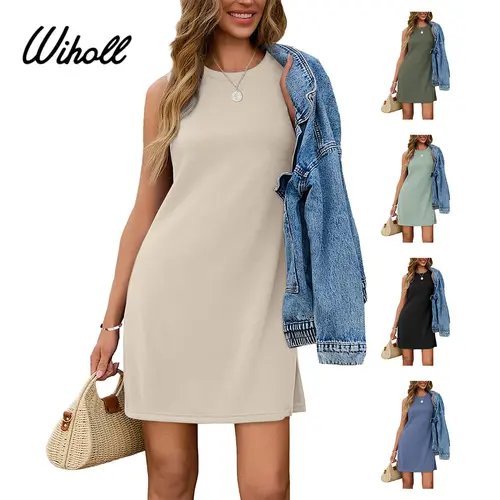 WIHOLL Women's Basic Soft Comfortable Fabric Casual V-Neck Sleeveless Fit Tank Dress - Summer Sundress with Spandex, Stylish Everyday Feminine Wear for Going Out, Beige