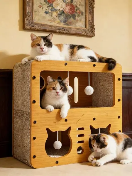 2 in 1 House & Scratch Board, 1 Set Wooden Bed with Scratcher, Durable Double Layer Bed, Pet Furniture for Indoor Spacious cool cat stuff cozy cat bed cat scratcher indoor cat accessories cat toys cat accessories