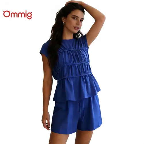Ommig Women's Sleeveless 2-Piece Set - Ruched Waist Ruffled Hem Top, Elastic Drawstring Pocket Shorts, Loose Fit, Cute Easy Daily Wear for Commute & Home