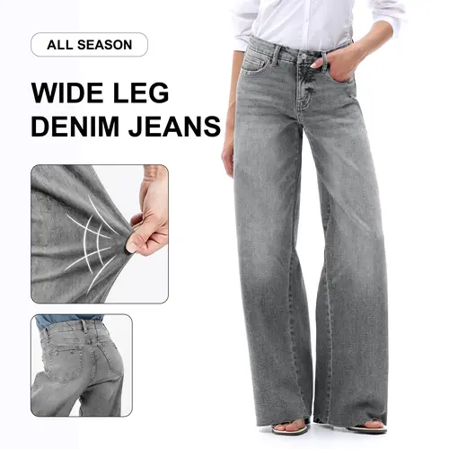 Freya ONESO Women's Light Gray Wide Leg Denim Retro Street Style Mid-Rise Jeans Tummy Control Spring Hem Pants Comfortable Denim Pants Commuter Style Baggy Stretchy Breathable Drapey Holiday Gifts  #SummerVibes