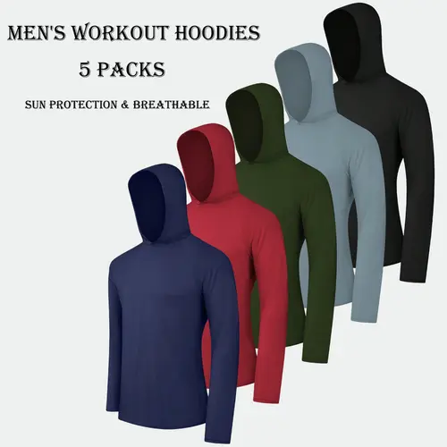 3/5 Pack Men's Dry Fit Athletic Shirt Long Sleeve Fishing Hoodies Workout Tops For Men Sun Protection Lightweight Rash Guards for Workout Running Cycling Gym Fishing Outdoor Sports travel camping essentials,cooling shirts