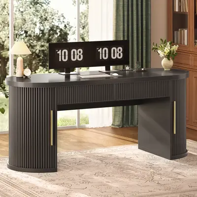 Sedeta Modern Engineered Wood Workstation, 58.3"x21.7" Large Fluted Stable Tabletop Executive Desk, Dual Sliding Desktop Drawers, 2-Sliding-Door Storage Drawer Platform, Power Outlets & Strip for Home Office, Furniture-Style Desks, Dual Drawers Desks, Dua