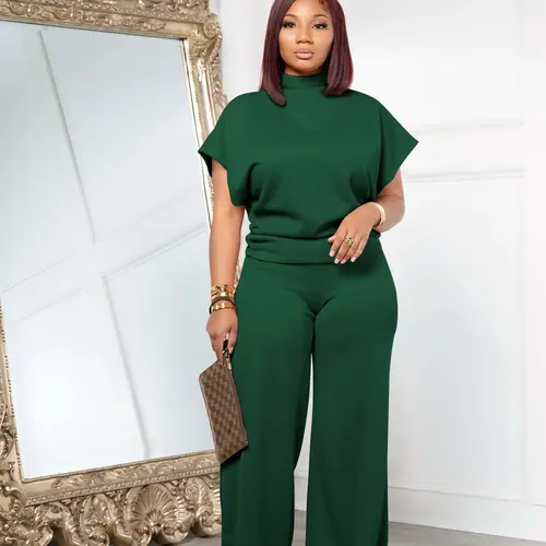 USBoutique Chic UPGRADED Women Summer Lightweight And Silky Soft Set Two Piece Casual Set Short Sleeved Semi High Neck Loose Top Wide Leg Pants Set