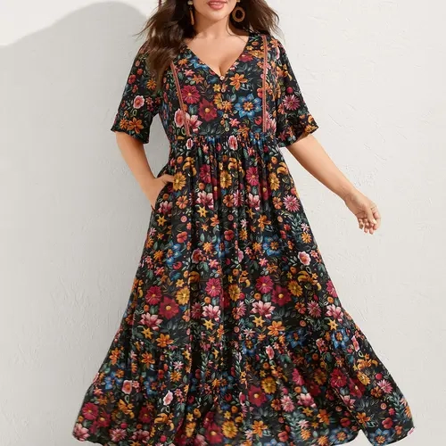 BLOOMCHIC Plus Size Floral Maxi Dress For Women [M-6X] - Boho Flowy Long Sleeve Ruffle Dress With Pockets, Curvy Fall Dress, Vacation Outfit, Plus Size Clothes, Boho Clothes，SohoChic