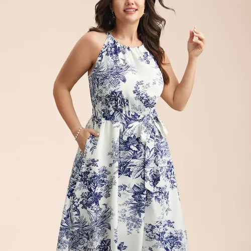BLOOMCHIC Women's Sleeveless Halter Neck Belted Waist Fit Midi Casual Dress - Polyester-Elastane Garment, Pockets, Low Iron, Cold Wash, Daily Wear, Summer Vibe, Floral Print, Everyday Wear，SohoChic