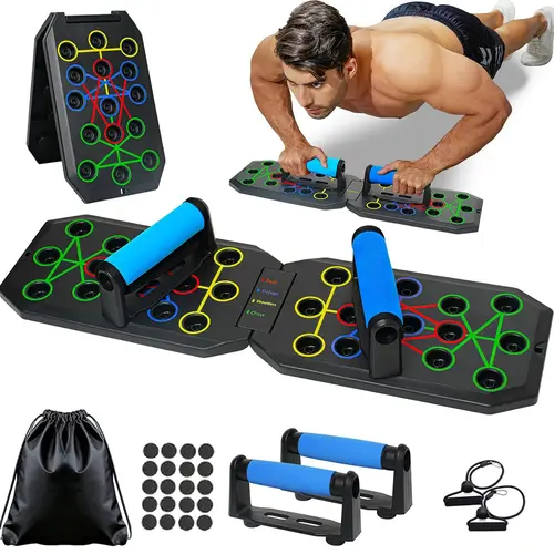 28-Hole Enhanced Push-up Board Fitness Kit - Unisex Foldable Home Workout Equipment with Push Up Bars, Resistance Band, Upper Body Toner, Band-Added Resistance for Full-Body Upper Workout, Home/Gym/Travel-Ready Boyfriend Gift