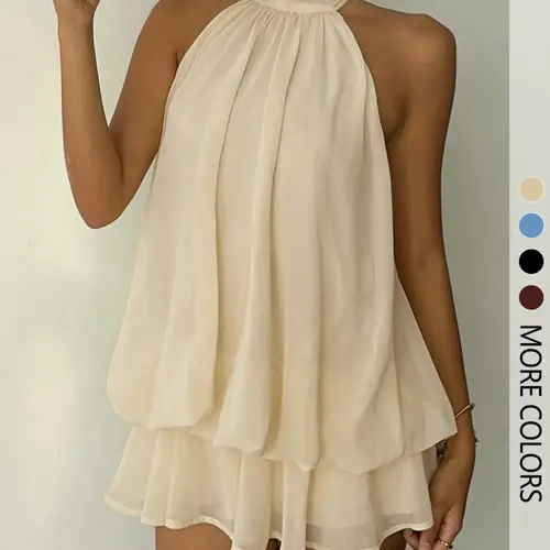 Women's Simple Minimalist Solid Backless Sleeveless Halter Jumpsuit with Elegant Chic Ruffle Design, Fit Perfect for Casual Wear Outfit