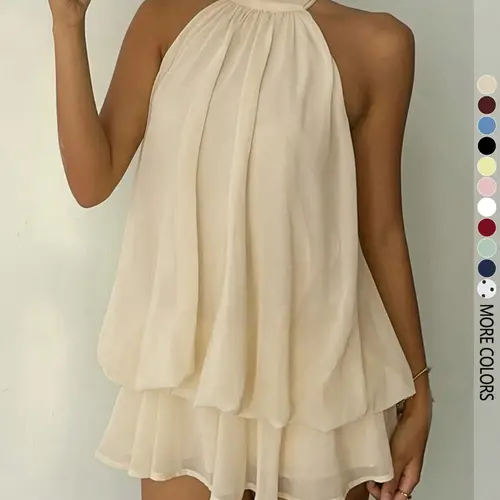 Women's Simple Solid Backless Halter Sleeveless One-Piece Jumpsuit, Elegant Chic Ruffle Design, Perfect for Casual Wear, All Seasons Fashion, Outfit