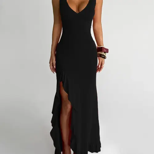 Women's Plain Ruffle Trim Split Hem V Neck Dress, Fit Dress, Frill Ruffle Hem, Elegant Casual Sleeveless Dress for Party Dating Wear, Ladies Summer Clothes, Womenswear, Style, Evening Party Dresses
