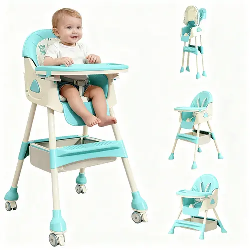 4 in 1 Portable Baby High Chair with Wheels, High Chairs for Babies and Toddlers, Easy Clean Rolling Feeding Chair with Locking Wheels, Removable Cushion, Toy & Large Storage Basket Aesthetic High Chair, Plastic