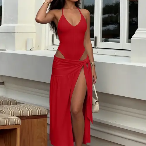 Women's Two-Piece Set, Solid Color V-Neck Halter Bodysuit Top & Bodycon Ruched Side-Slit Midi Skirt, Backless Sleeveless, Casual Summer Outfit for Party & Daily Wear