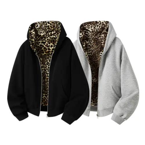 Trendy Two Sided Wearable Hoodie Jacket, Unisex Heavyweight Loose Fit Versatile Colorblock Couple’s Outerwear, Double Sided Leopard Print Hooded Cardigan Jacket, Men’s Spring and Autumn Trendy Loose Fit Versatile Fashion Coat