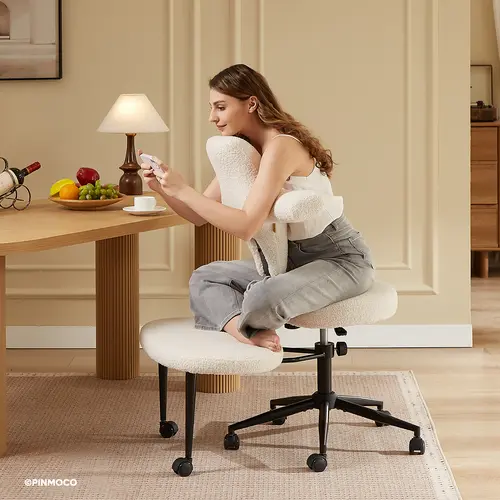 Pinmoco Extra Wide Ergonomic Office Desk Chair - Criss Cross Design, 360° Silent Casters, Spin Function, Adjustable Height, Teddy Fabric, Reversible Seating, 4-in Thick Cushion, 0–6.3in Foot Stool, Ideal for Home Office, Meditation Furniture