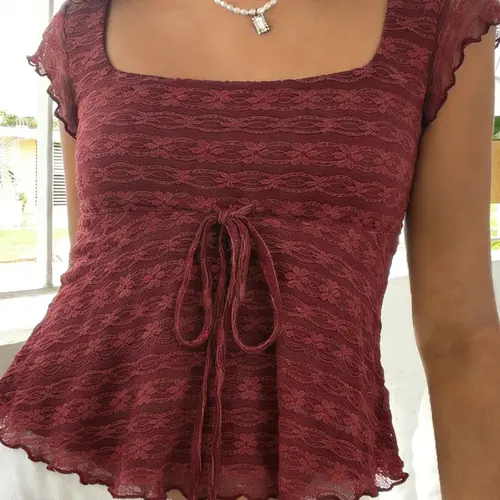 Women's Lace Sheer Square-Neck Crop T-Shirt, Vintage Y2K Style Summer Top, Babydoll Shirts, Casual Comfy Tee, Casual Daily Tops